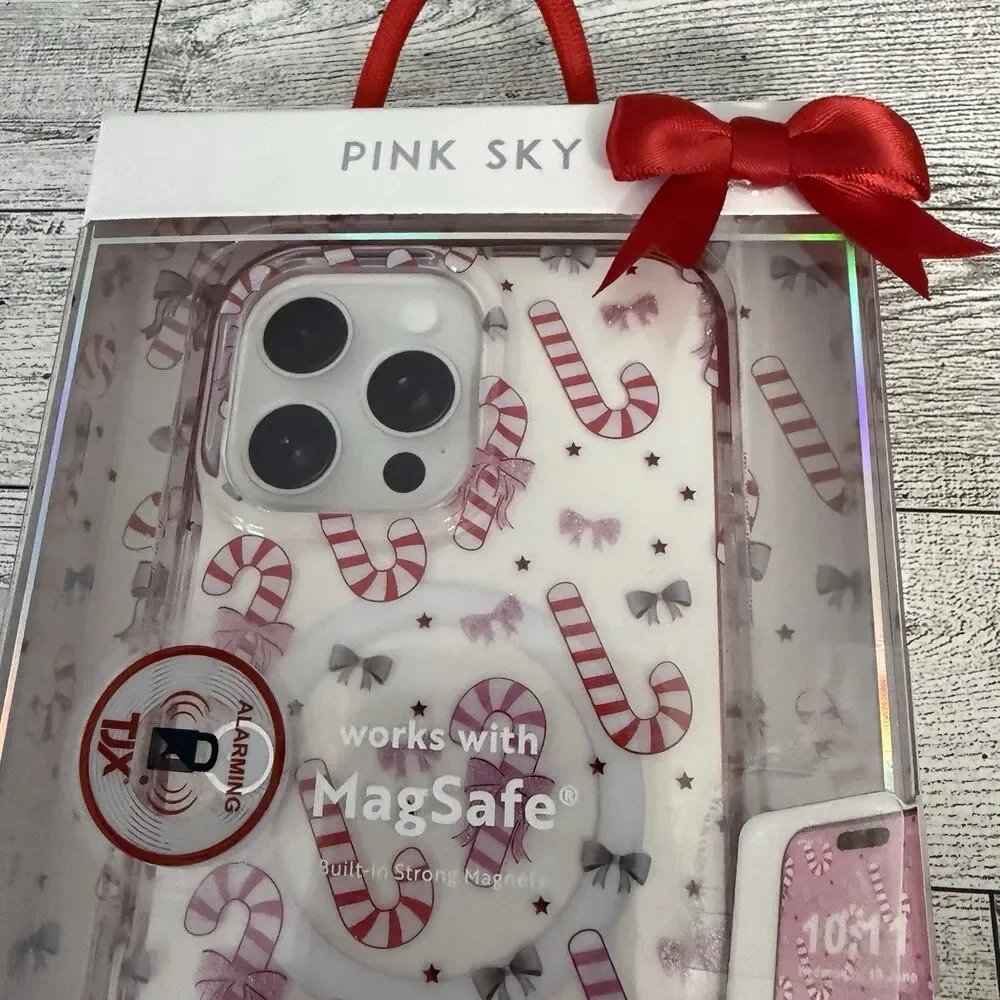 Pink Sky Iphone 16 Pro Max Christmas Candy Cane Sparkle Bow Theme Phone Case New